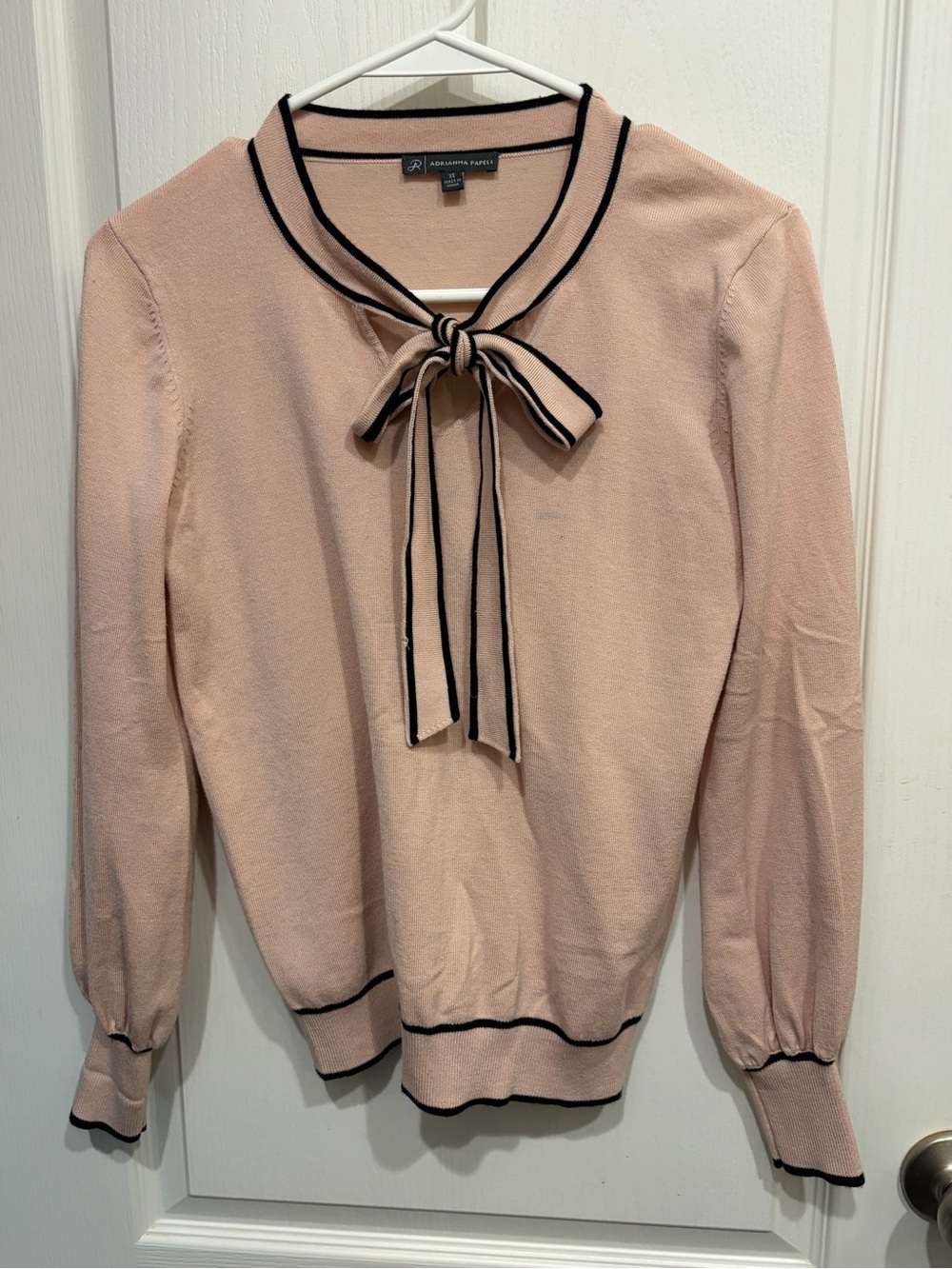 Adrianna Papell Blush Pink Bow-Tie Neck Long Sleeve Top with Black Trim